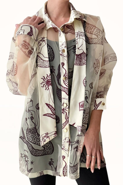 ORGANZA SHIRT w. SATIN ACCENTS - "MERMAIDS PRINT"  | LEMON BUTTER & EGGPLANT