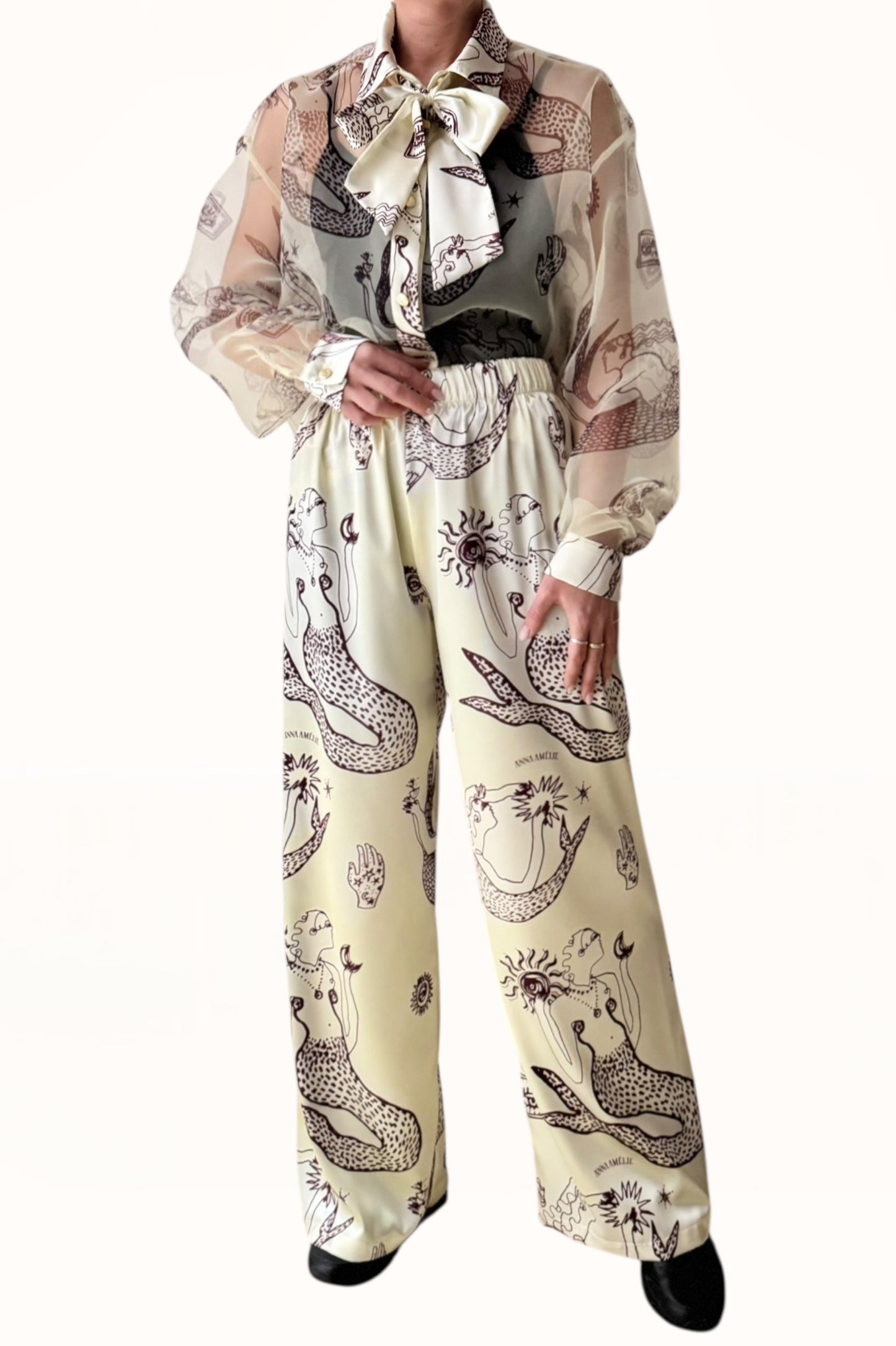 STRAIGHT CUT SATIN PANTS - "MERMAIDS PRINT"  | LEMON BUTTER & EGGPLANT