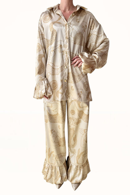 BUBBLE CUFF SATIN SHIRT - "MERMAIDS PRINT"  | GOLDEN