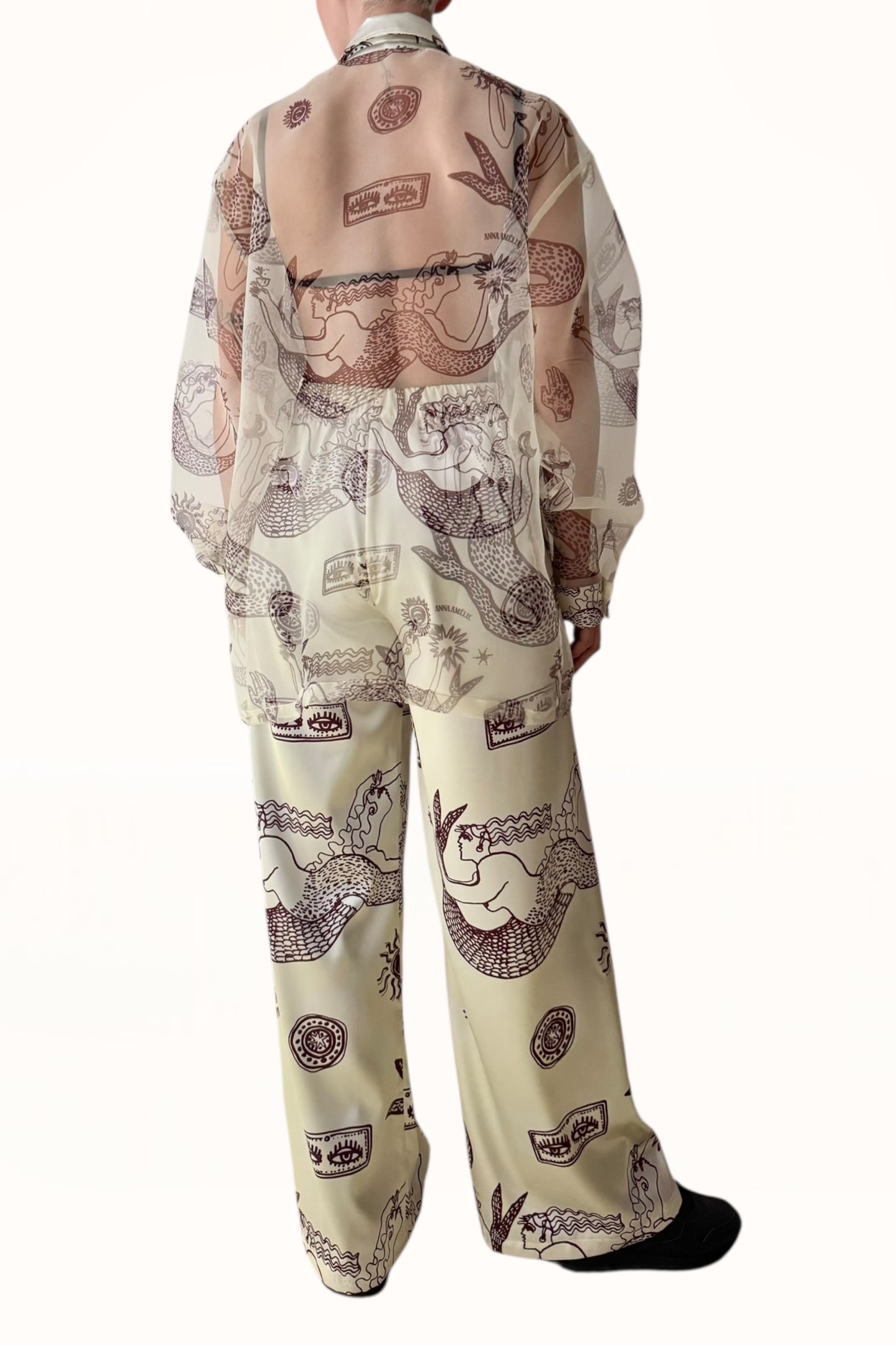 STRAIGHT CUT SATIN PANTS - "MERMAIDS PRINT"  | LEMON BUTTER & EGGPLANT