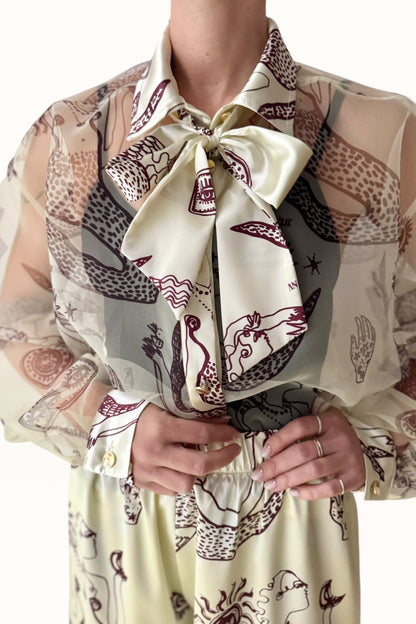 ORGANZA SHIRT w. SATIN ACCENTS - "MERMAIDS PRINT"  | LEMON BUTTER & EGGPLANT