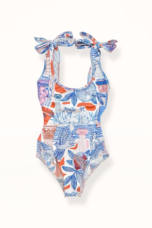 MESH PANEL ONE-PIECE SWIMSUIT  - “BEST OF GREECE” PRINT | MULTICOLOR