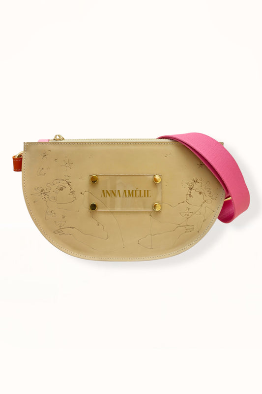SOPHIE “L” BELTBAG  -  BEIGE  w. UNIQUE DRAWING | PINK STRAP