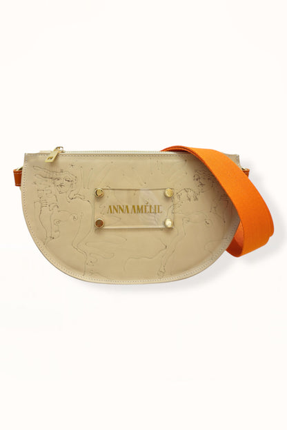 SOPHIE “L” BELTBAG  -  BEIGE  w. UNIQUE DRAWING | ORANGE STRAP