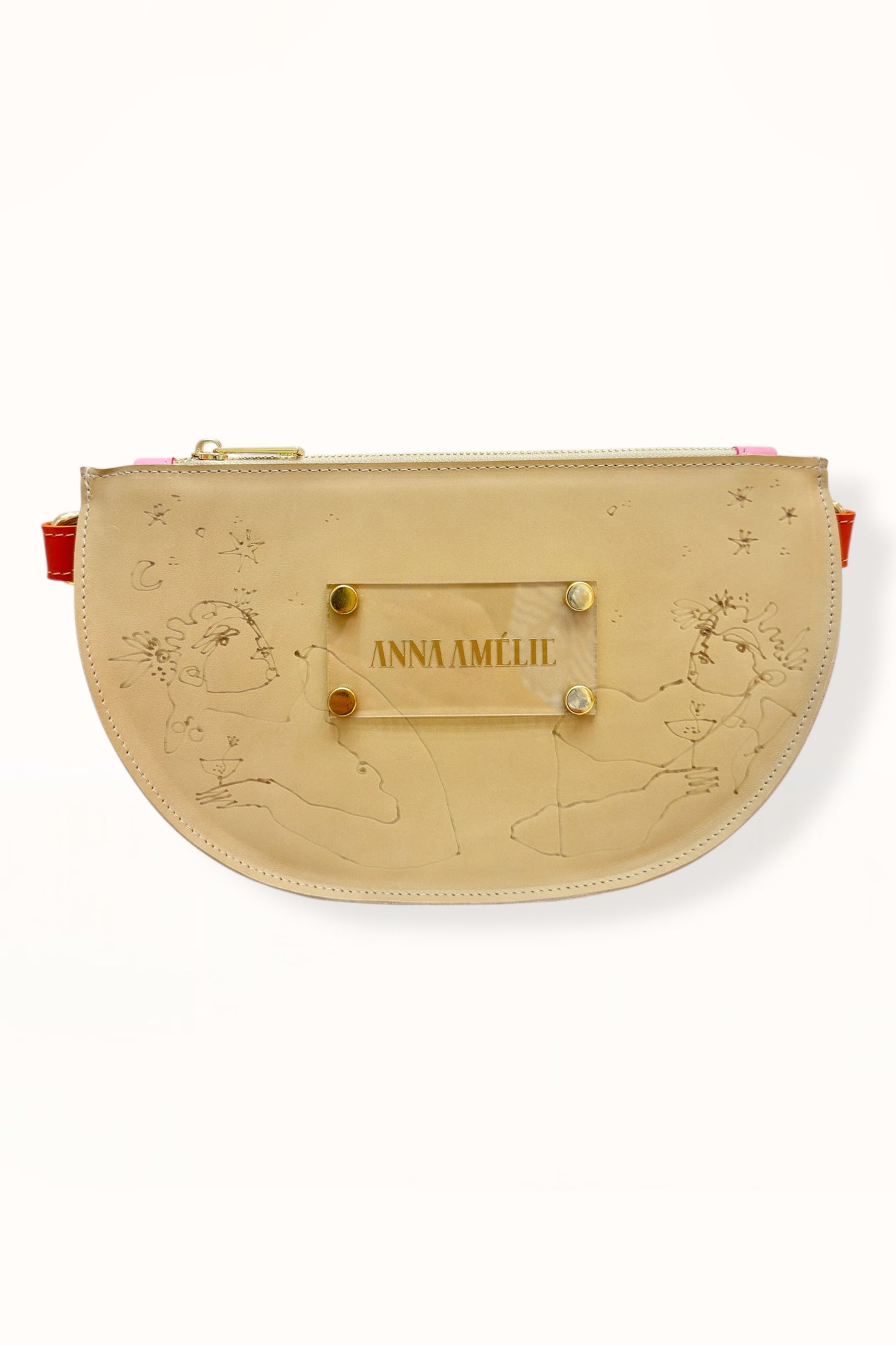 SOPHIE “L” BELTBAG  -  BEIGE  w. UNIQUE DRAWING | PINK STRAP