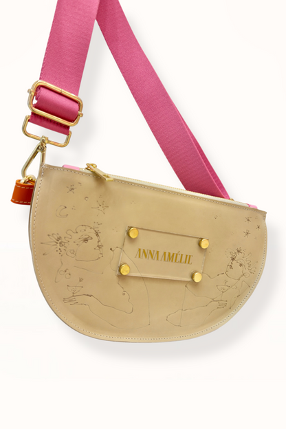 SOPHIE “L” BELTBAG  -  BEIGE  w. UNIQUE DRAWING | PINK STRAP