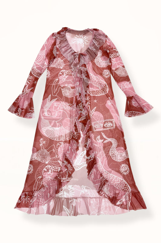 RUFFLE MESH ROBE - "MERMAID PRINT" | RUSTY PINK