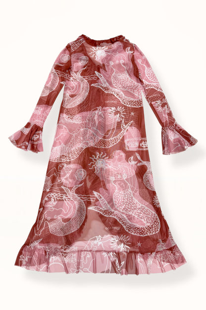 RUFFLE MESH ROBE - "MERMAID PRINT" | RUSTY PINK