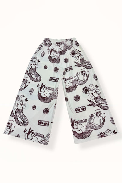 VELVET WIDE CROP PANTS  - “MERMAID PRINT”  | OFF WHITE & EGGPLANT