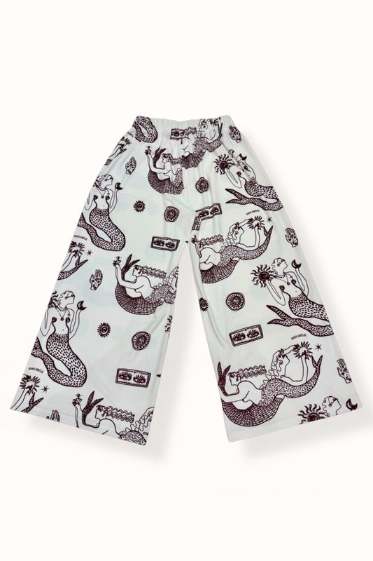 VELVET WIDE CROP PANTS  - “MERMAID PRINT”  | OFF WHITE & EGGPLANT
