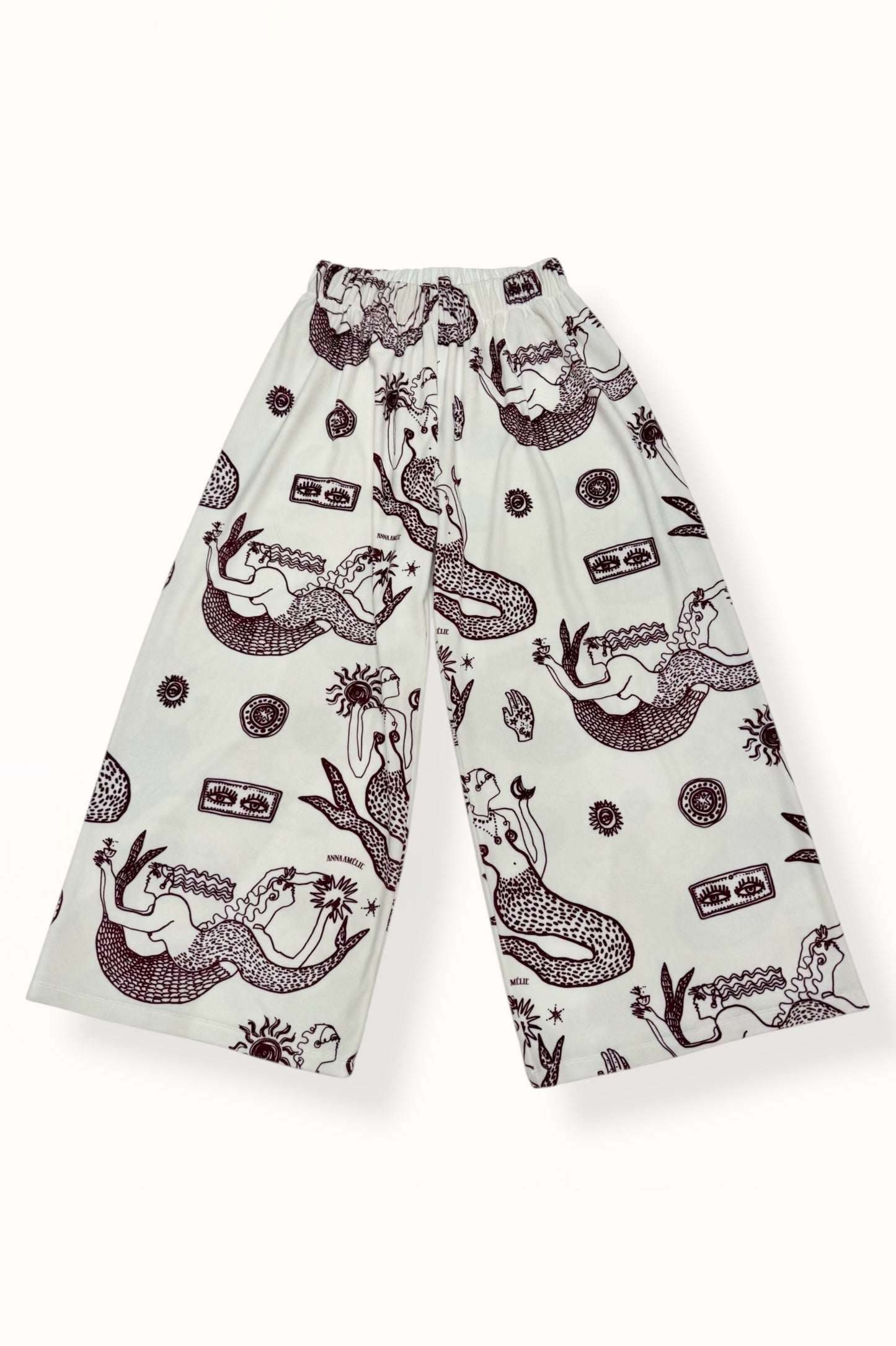 VELVET WIDE CROP PANTS  - “MERMAID PRINT”  | OFF WHITE & EGGPLANT