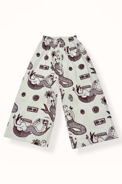 VELVET WIDE CROP PANTS  - “MERMAID PRINT”  | OFF WHITE & EGGPLANT