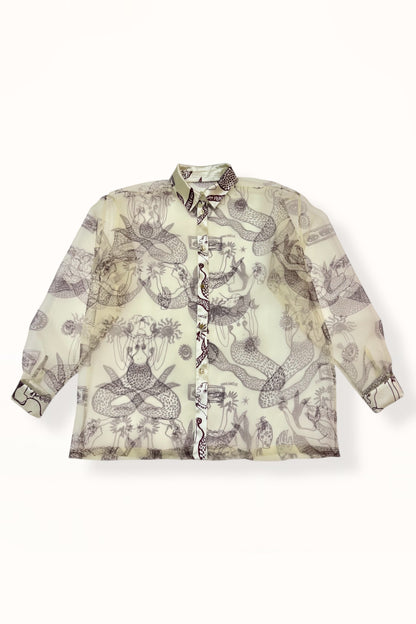 ORGANZA SHIRT w. SATIN ACCENTS - "MERMAIDS PRINT"  | LEMON BUTTER & EGGPLANT