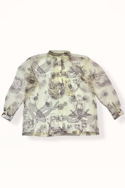 ORGANZA SHIRT w. SATIN ACCENTS - "MERMAIDS PRINT"  | LEMON BUTTER & EGGPLANT
