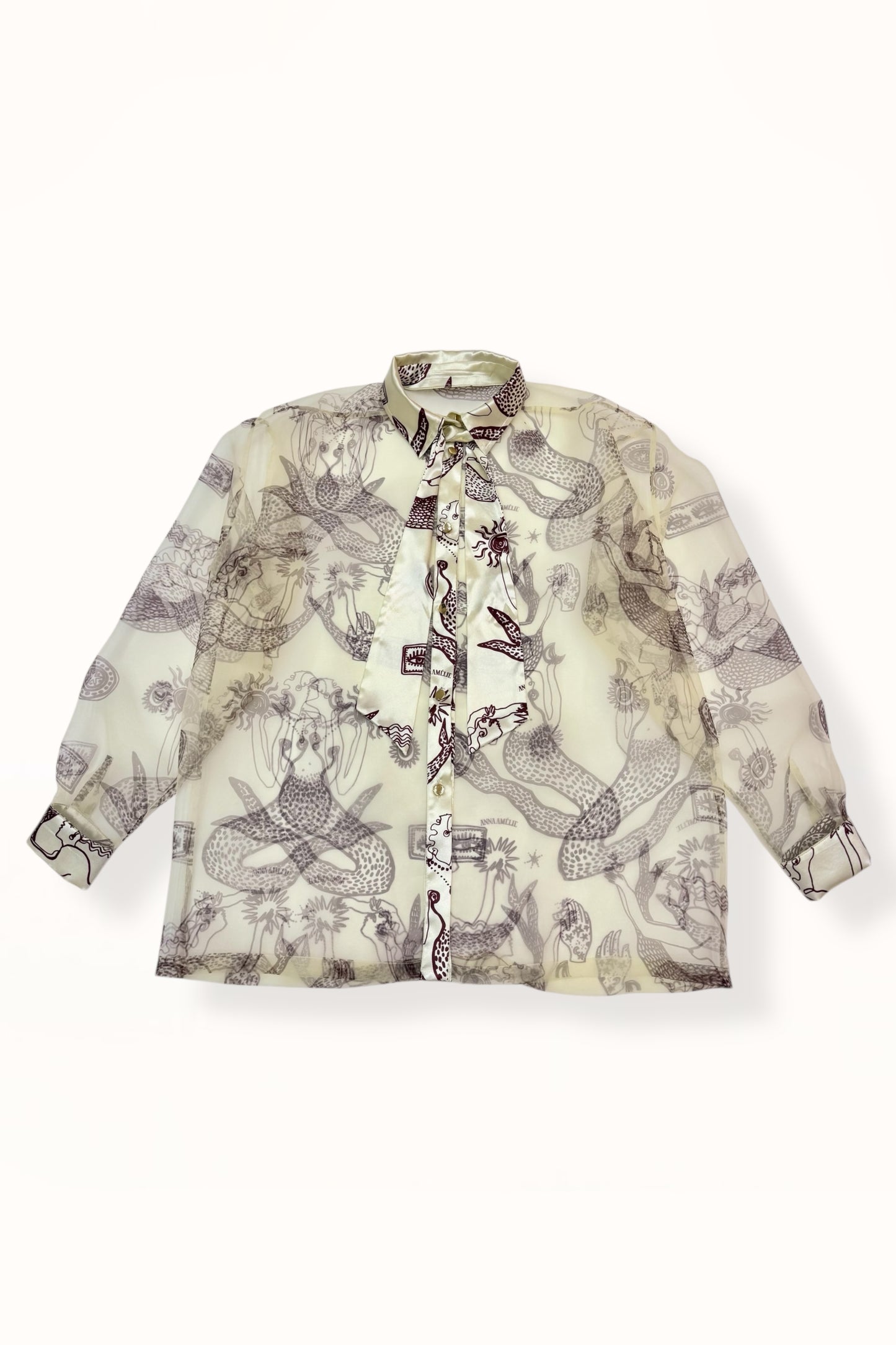 ORGANZA SHIRT w. SATIN ACCENTS - "MERMAIDS PRINT"  | LEMON BUTTER & EGGPLANT
