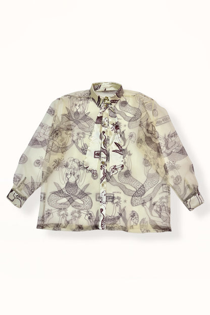 ORGANZA SHIRT w. SATIN ACCENTS - "MERMAIDS PRINT"  | LEMON BUTTER & EGGPLANT