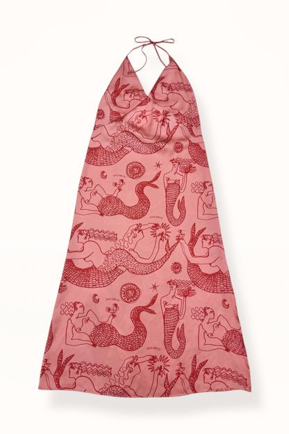 HALTER NECK DRESS w. SCARF - MERMAID PRINT  | PINK & RED