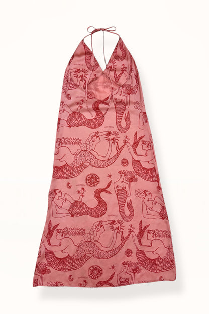 HALTER NECK DRESS w. SCARF - MERMAID PRINT  | PINK & RED
