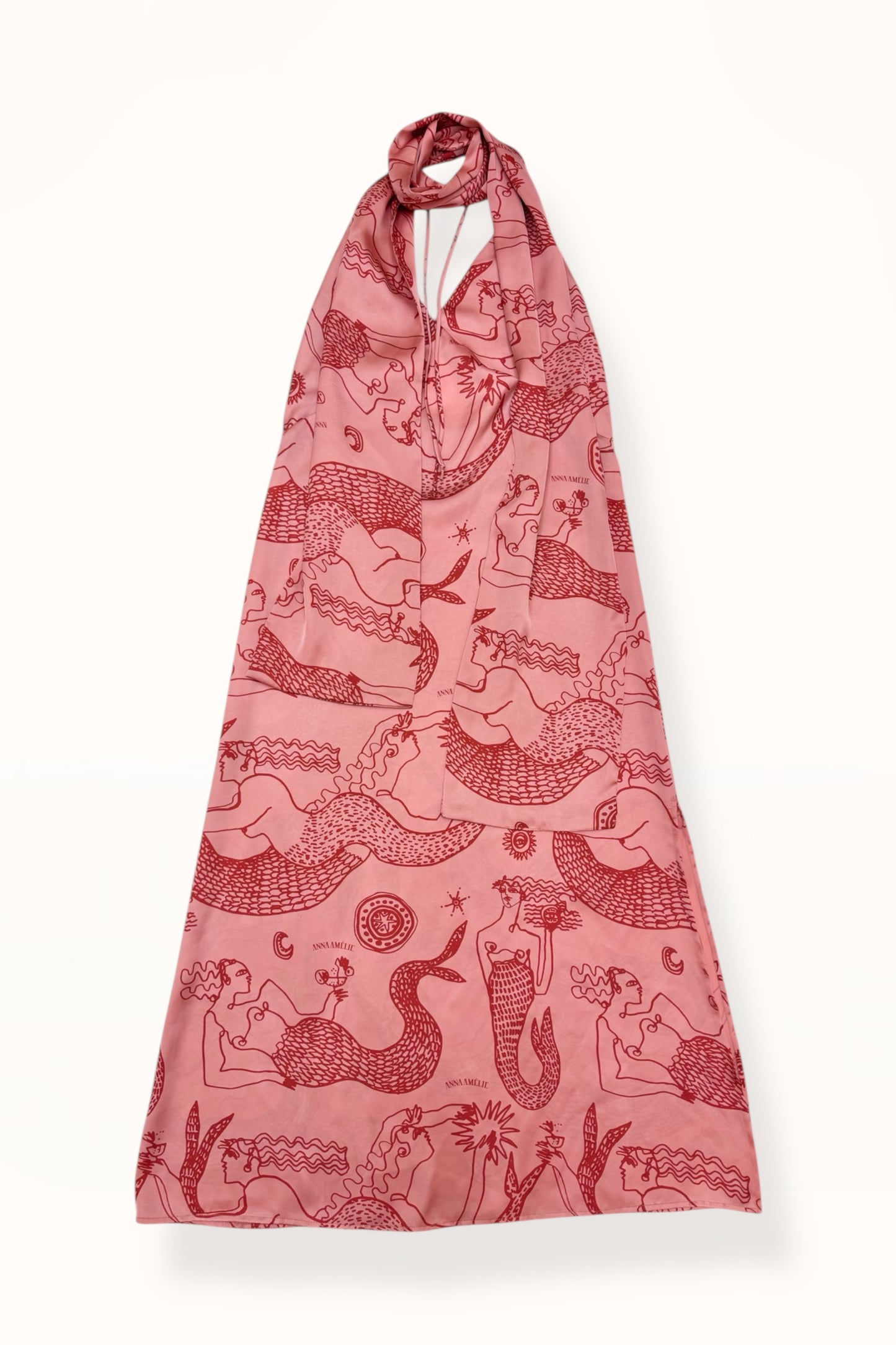 HALTER NECK DRESS w. SCARF - MERMAID PRINT  | PINK & RED