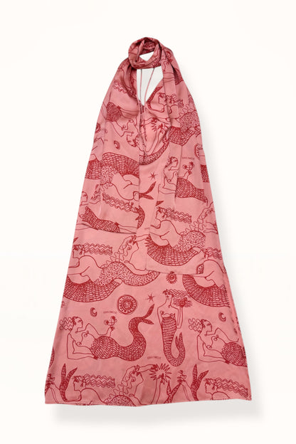 HALTER NECK DRESS w. SCARF - MERMAID PRINT  | PINK & RED