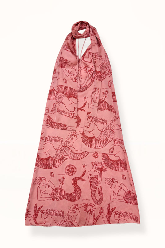 HALTER NECK DRESS w. SCARF - MERMAID PRINT  | PINK & RED