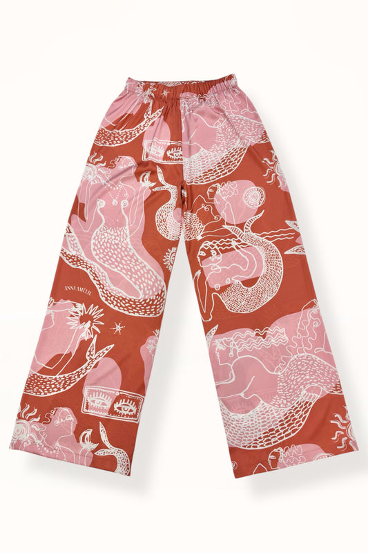 STRAIGHT CUT SATIN PANTS - "MERMAID PRINT"  | RUSTY PINK