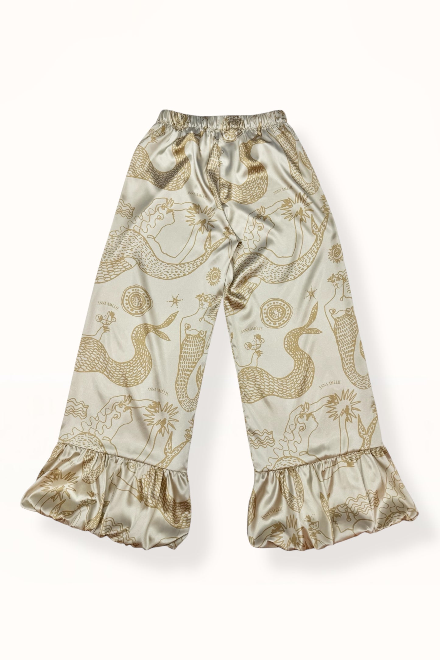 BUBBLE HEM SATIN PANTS - "MERMAIDS PRINT"  | GOLDEN