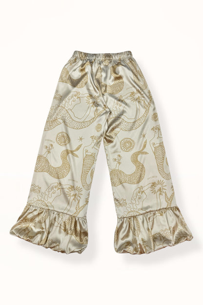 BUBBLE HEM SATIN PANTS - "MERMAIDS PRINT"  | GOLDEN