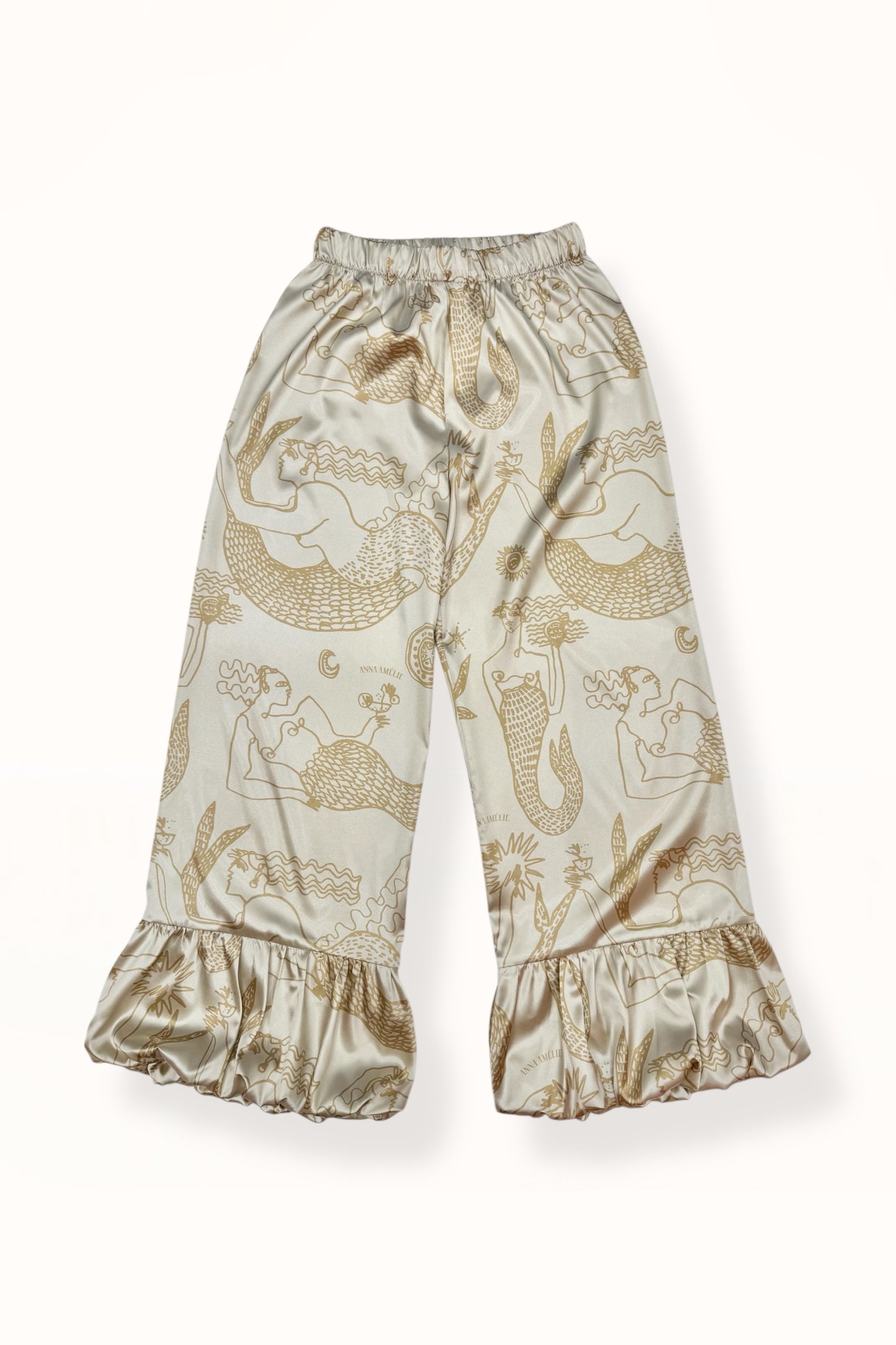 BUBBLE HEM SATIN PANTS - "MERMAIDS PRINT"  | GOLDEN
