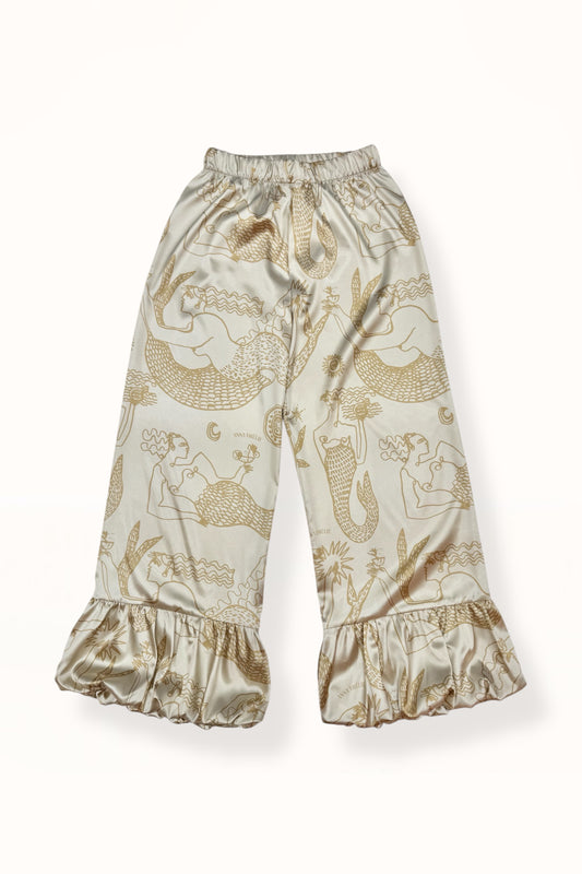 BUBBLE HEM SATIN PANTS - "MERMAIDS PRINT"  | GOLDEN