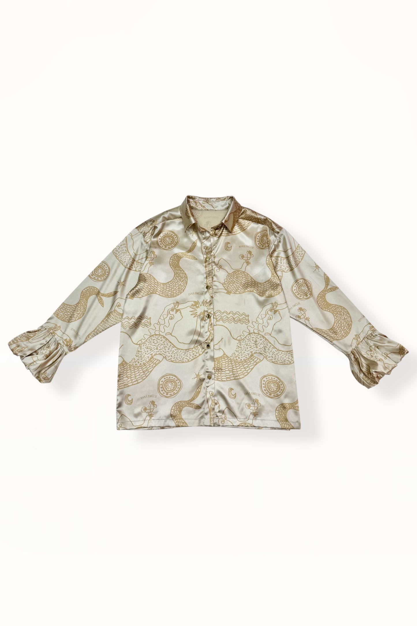 BUBBLE CUFF SATIN SHIRT - "MERMAIDS PRINT"  | GOLDEN