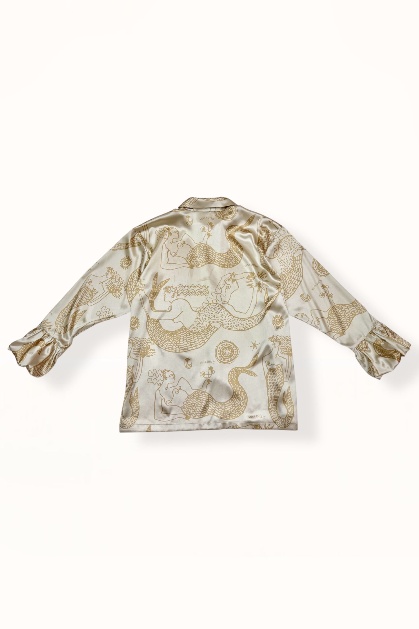 BUBBLE CUFF SATIN SHIRT - "MERMAIDS PRINT"  | GOLDEN