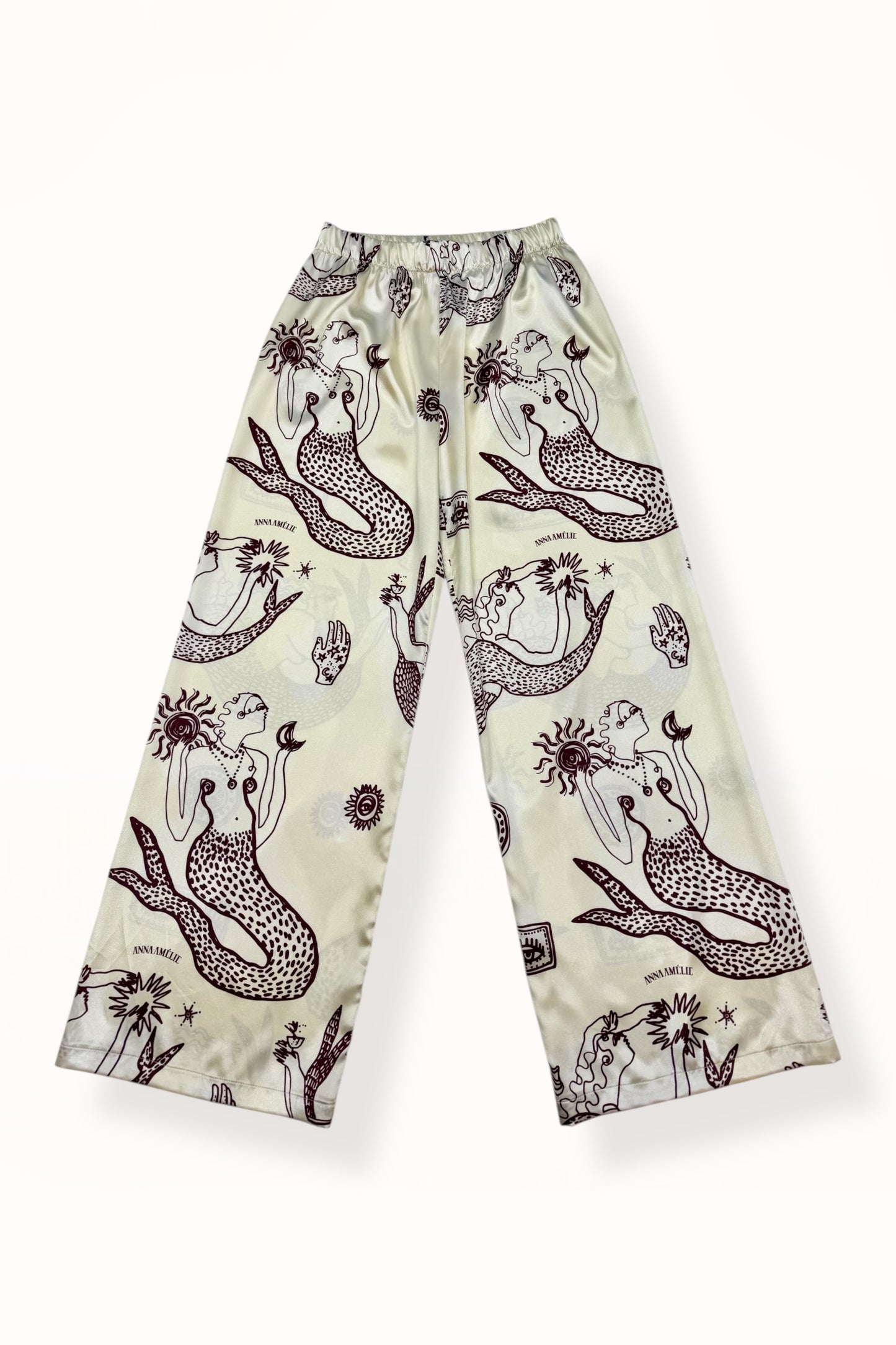 STRAIGHT CUT SATIN PANTS - "MERMAIDS PRINT"  | LEMON BUTTER & EGGPLANT