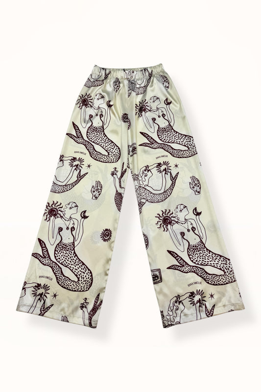 STRAIGHT CUT SATIN PANTS - "MERMAIDS PRINT"  | LEMON BUTTER & EGGPLANT