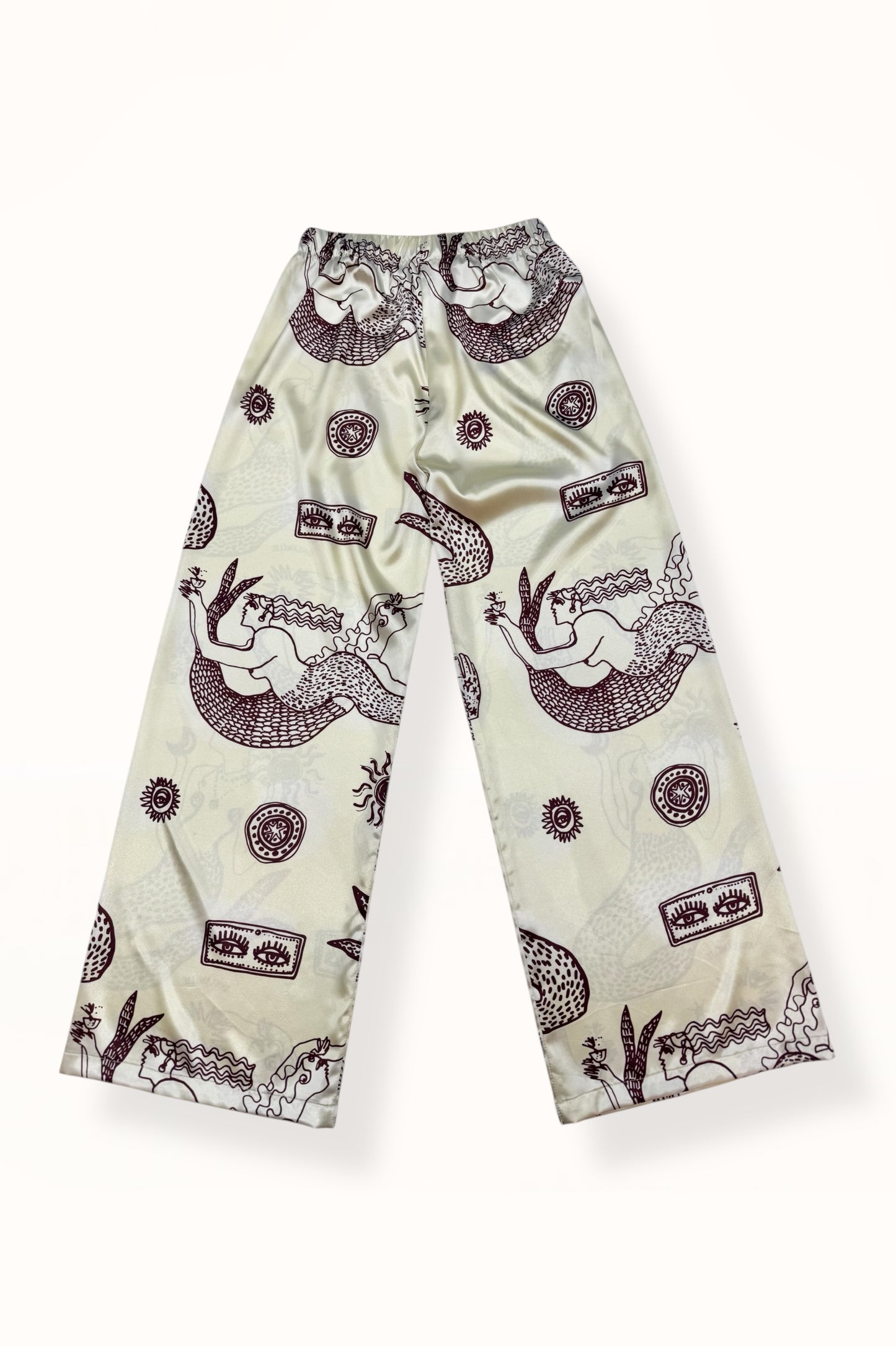 STRAIGHT CUT SATIN PANTS - "MERMAIDS PRINT"  | LEMON BUTTER & EGGPLANT
