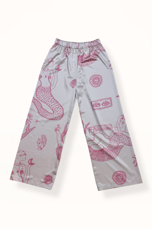 STRAIGHT CUT SATIN PANTS - "MERMAIDS & HANDS PRINT"  | TAUPE & PINK