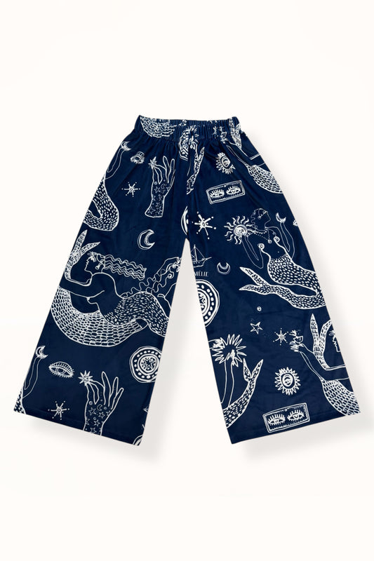 VELVET WIDE CROP PANTS  - “MERMAID PRINT”  | MIDNIGHT BLUE & WHITE