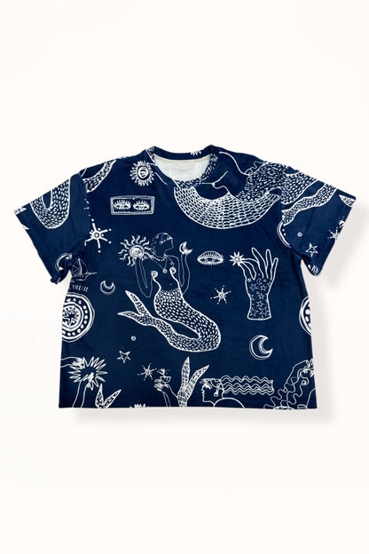 VELVET T-SHIRT - “MERMAID PRINT”  | MIDNIGHT BLUE & WHITE
