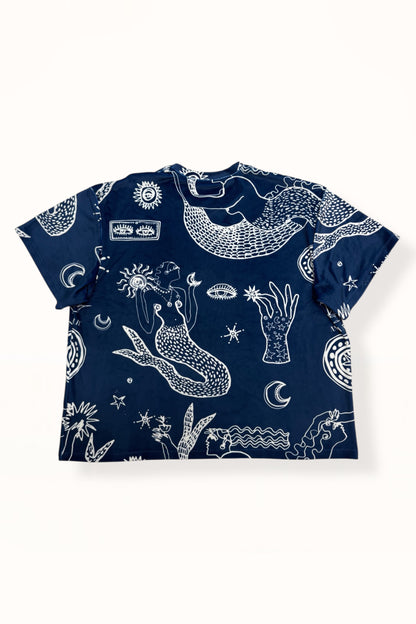 VELVET T-SHIRT - “MERMAID PRINT”  | MIDNIGHT BLUE & WHITE