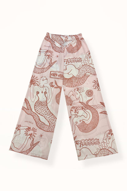 STRAIGHT CUT SATIN PANTS - "MERMAID PRINT"  | SOFT PINK