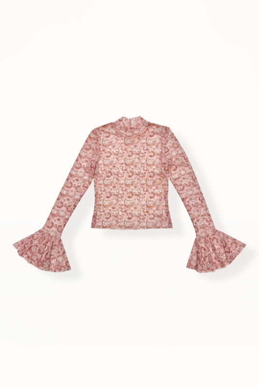 RUFFLE CUFF TATTOO MESH TOP - "MERMAID PRINT"  | SOFT PINK