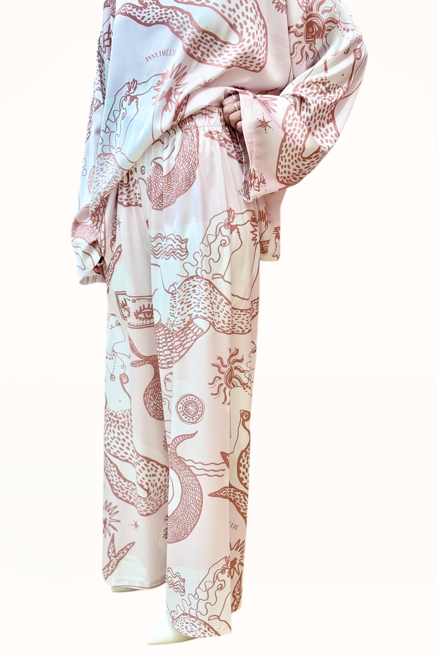 STRAIGHT CUT SATIN PANTS - "MERMAID PRINT"  | SOFT PINK