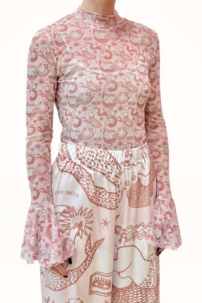 RUFFLE CUFF TATTOO MESH TOP - "MERMAID PRINT"  | SOFT PINK