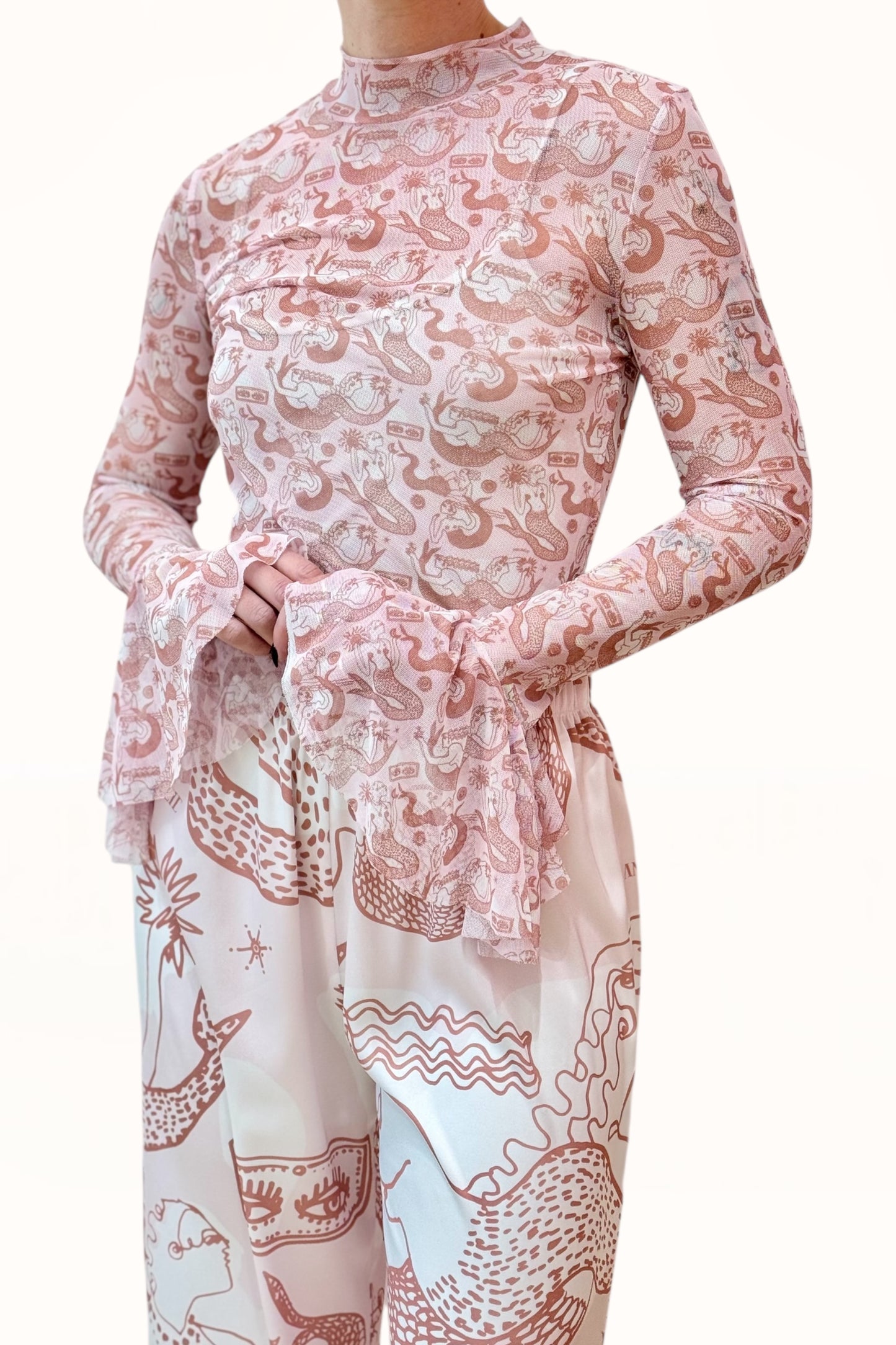 RUFFLE CUFF TATTOO MESH TOP - "MERMAID PRINT"  | SOFT PINK