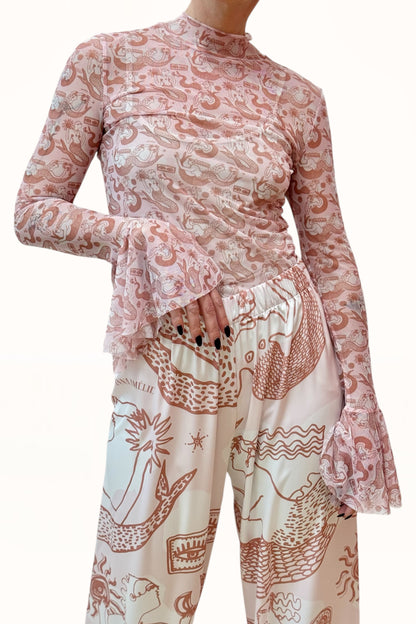 RUFFLE CUFF TATTOO MESH TOP - "MERMAID PRINT"  | SOFT PINK