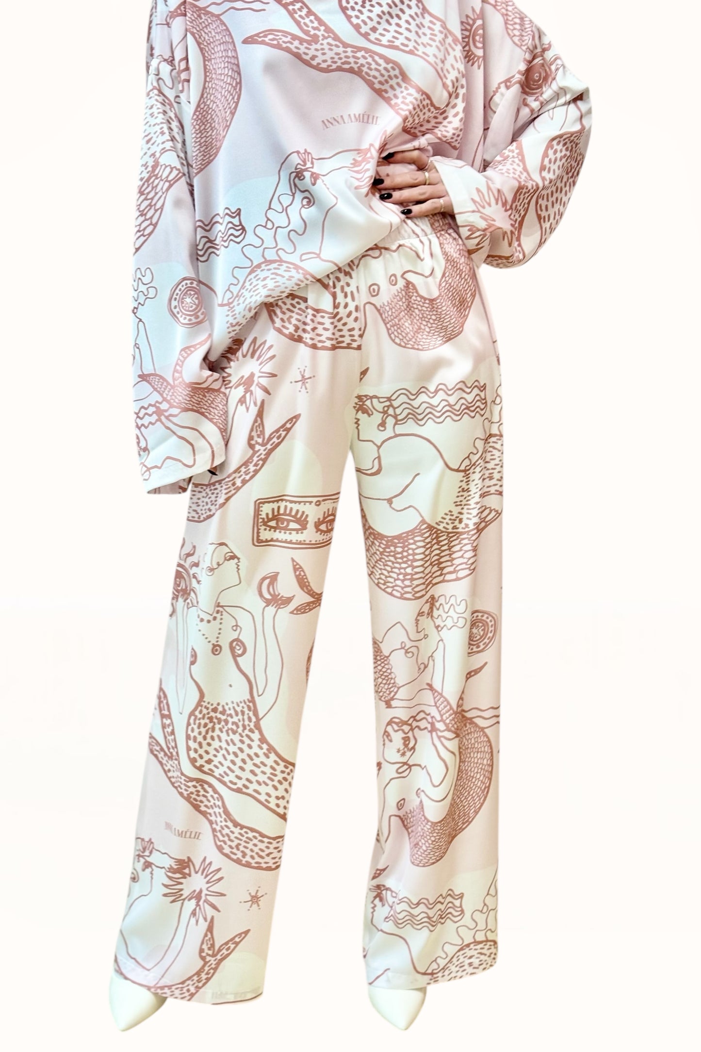 STRAIGHT CUT SATIN PANTS - "MERMAID PRINT"  | SOFT PINK