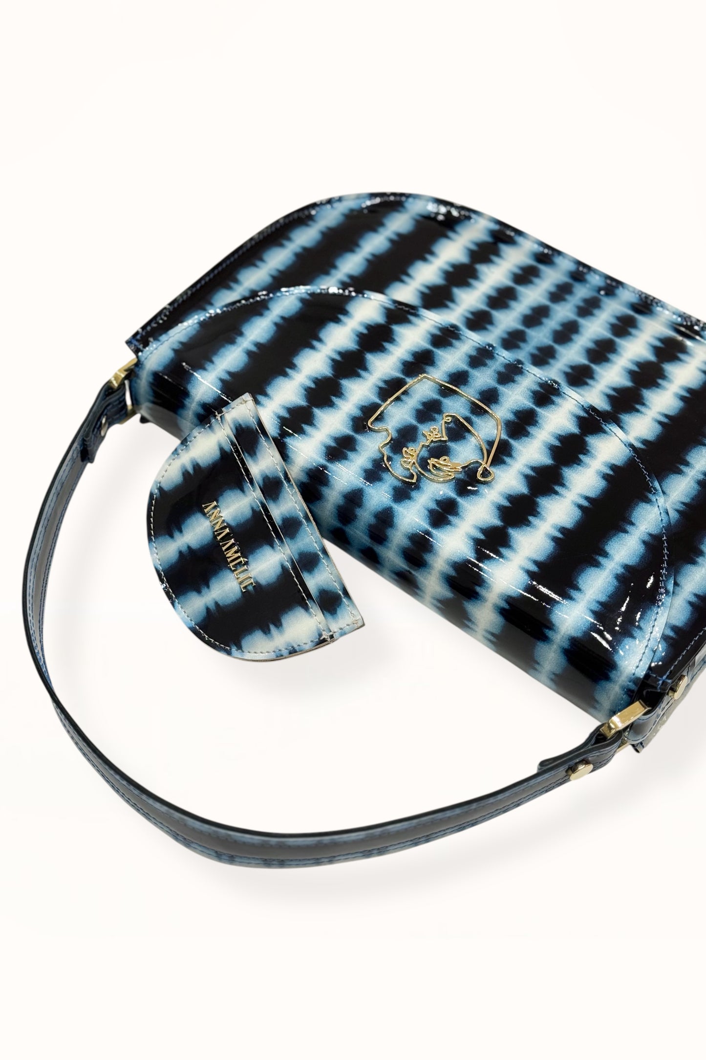 ROUNDED CARD HOLDER - BLUE TIE-DYE PATENT LEATHER