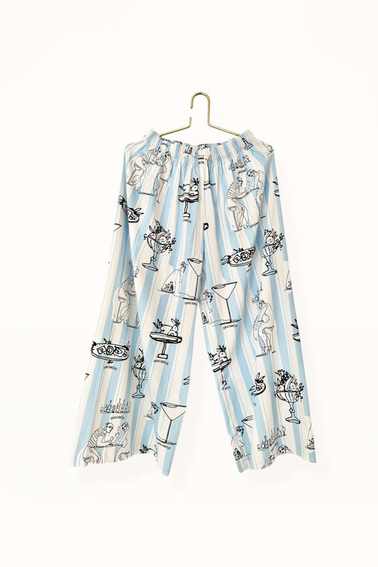 Special Pre-Order |  ELASTICATED WAIST PANTS  | “FEAST PRINT” - PALE BLUE & WHITE STRIPED