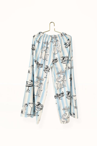 Special Pre-Order |  ELASTICATED WAIST PANTS  | “FEAST PRINT” - PALE BLUE & WHITE STRIPED