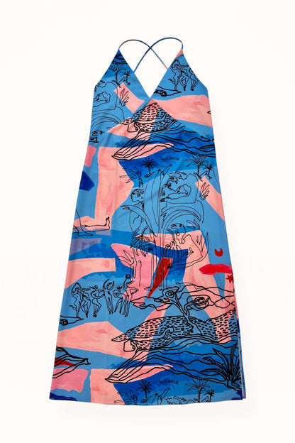 TIE BACK MAXI DRESS - "EDEN PRINT" | BLUE & PINK